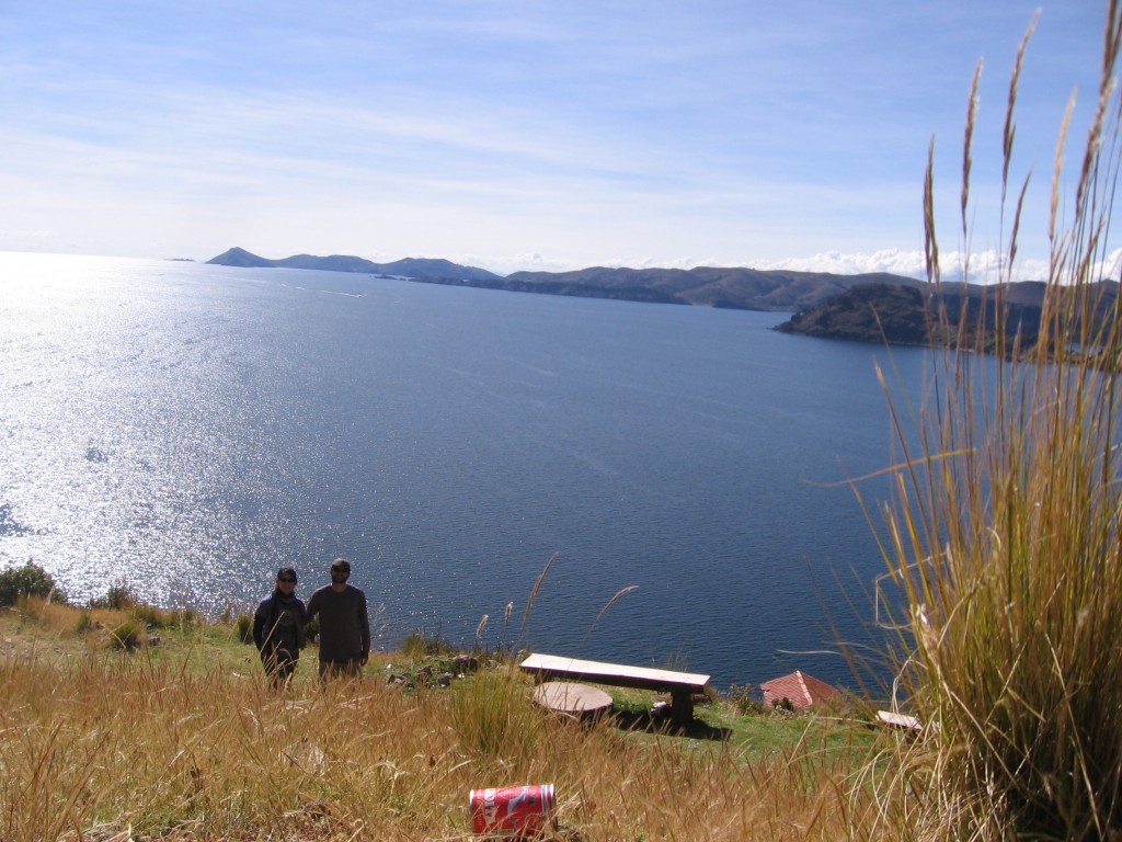 Mel and I at the first resting spot at Cerro Calvario, in the distance at the end of the peninsula is the Isla del Sol
